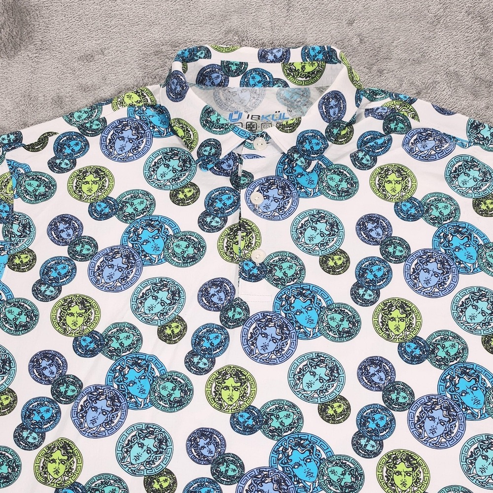 IBKUL Polo Shirt Mens XL White Medusa Coin Print‎ Golf UPF 50+ Quick Dry